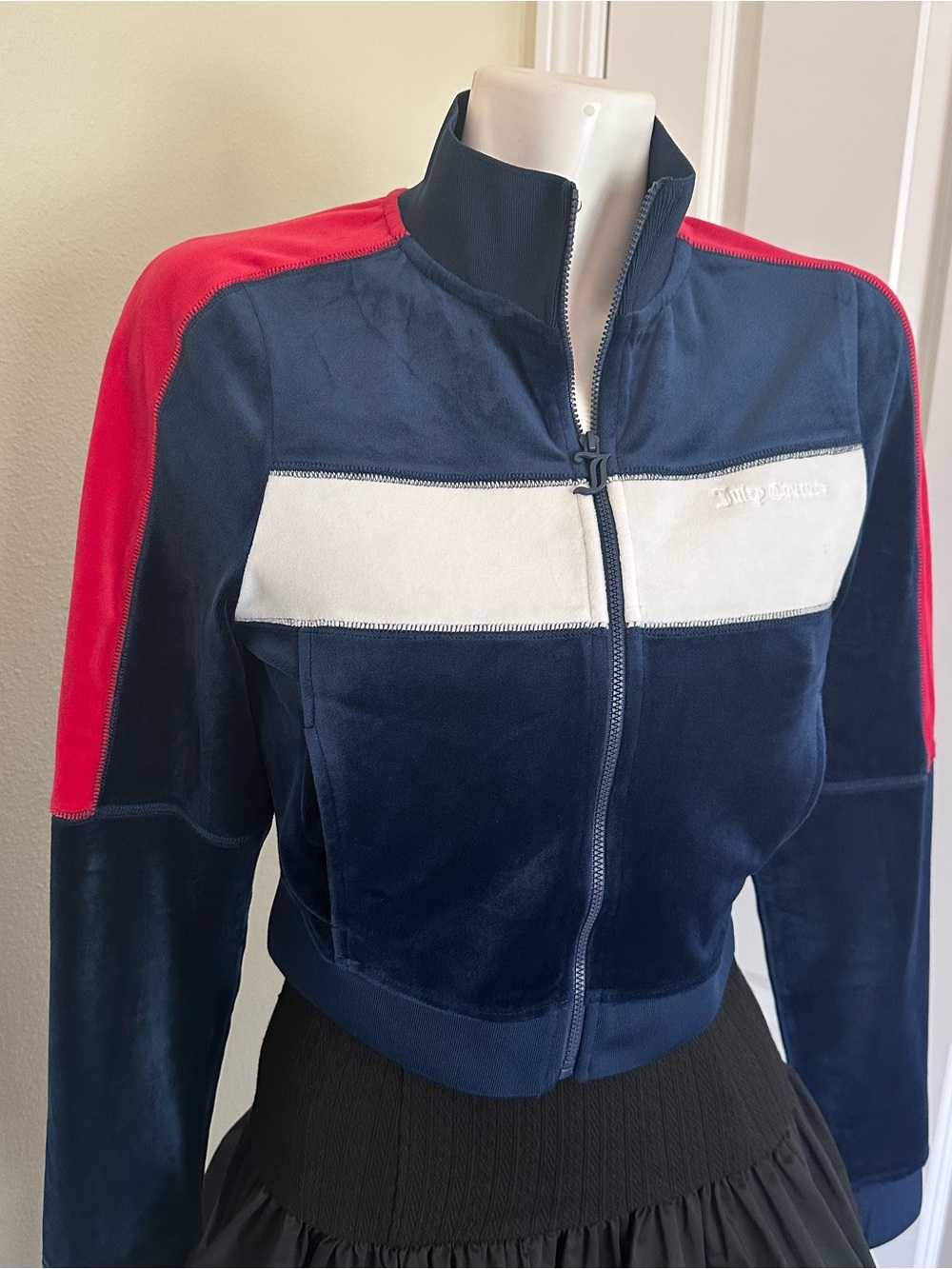 Juicy Couture Navy, White & Red Velour Cropped Varsity Zip Jacket
